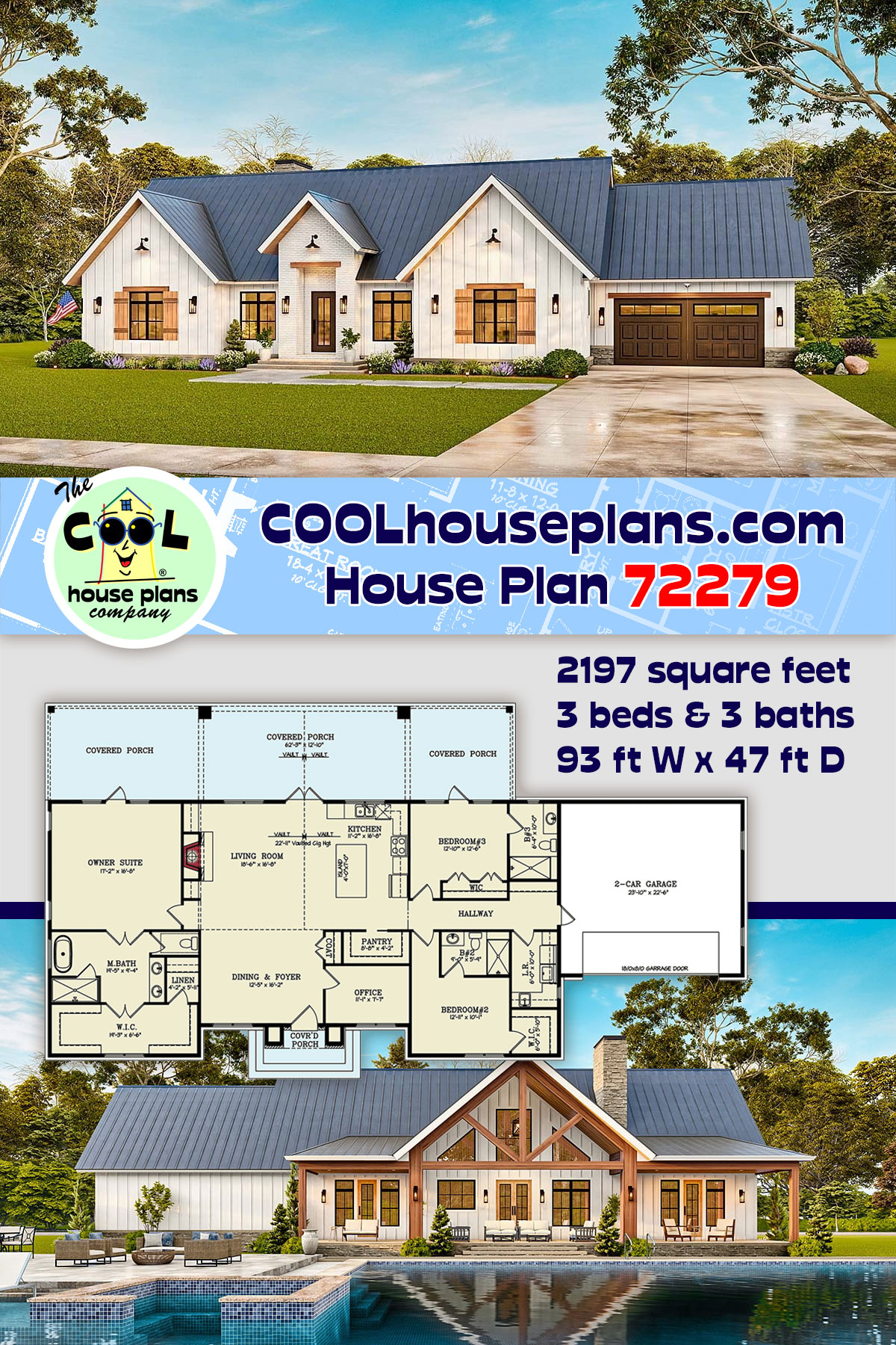Farmhouse, Ranch House Plan 72279 with 3 Beds, 3 Baths, 2 Car Garage