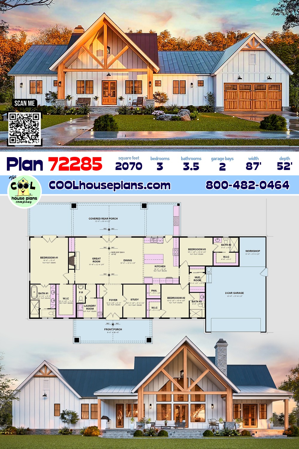 Contemporary, Country, Craftsman, Farmhouse House Plan 72285 with 3 Beds, 4 Baths, 2 Car Garage