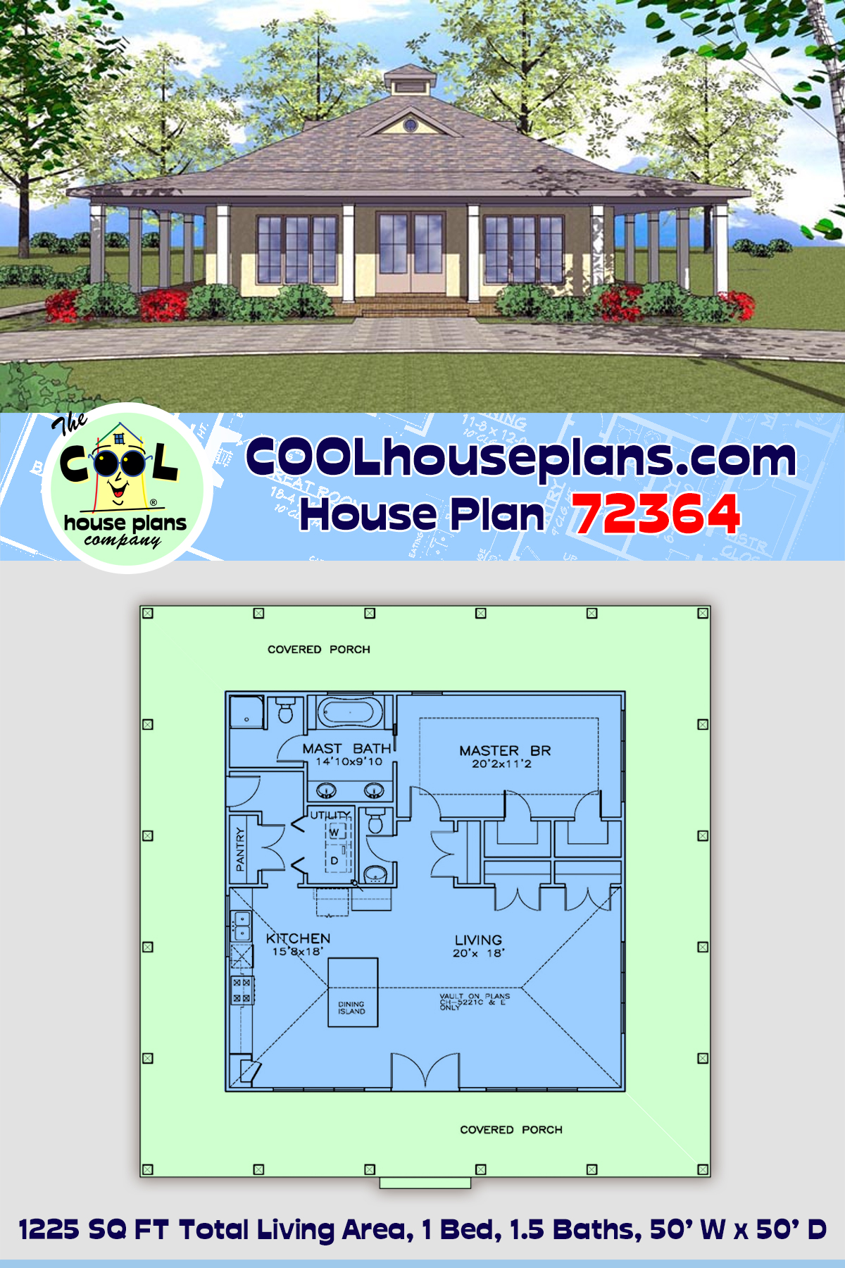 Contemporary, Cottage, Country, Florida, Southern House Plan 72364 with 1 Beds, 2 Baths