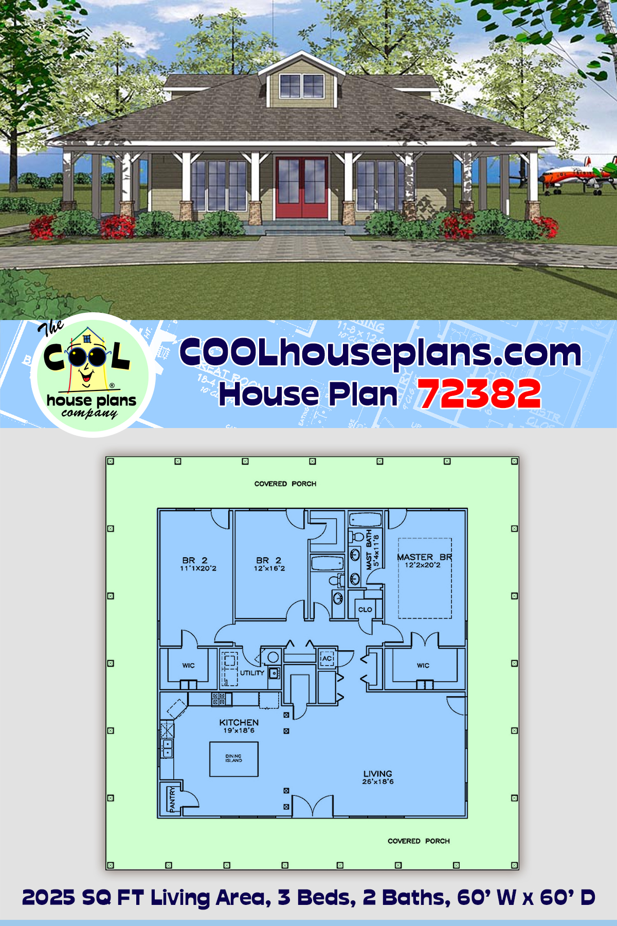 Bungalow, Country, Southern House Plan 72382 with 3 Beds, 2 Baths