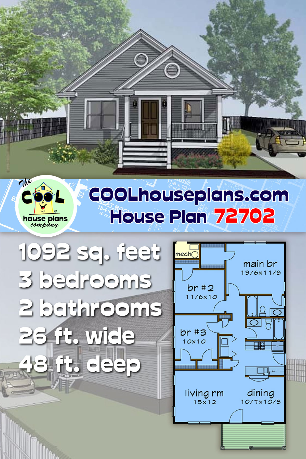 Bungalow House Plan 72702 with 3 Beds, 2 Baths