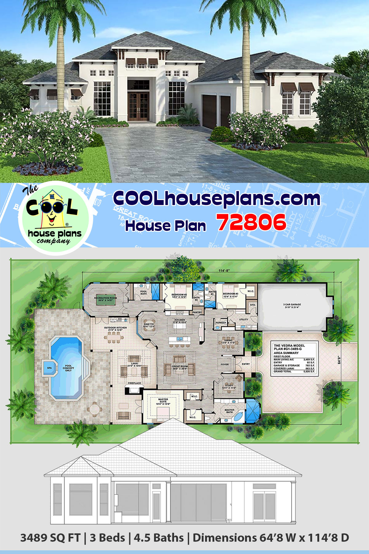 Coastal, Florida, Mediterranean House Plan 72806 with 3 Beds, 5 Baths, 3 Car Garage