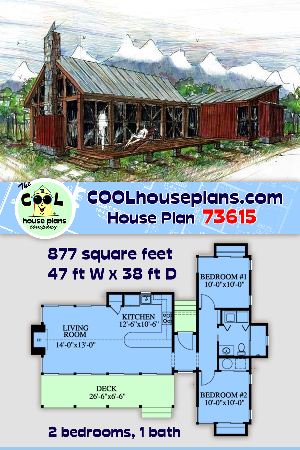 Cabin, Ranch, Southern House Plan 73615 with 2 Beds, 1 Baths