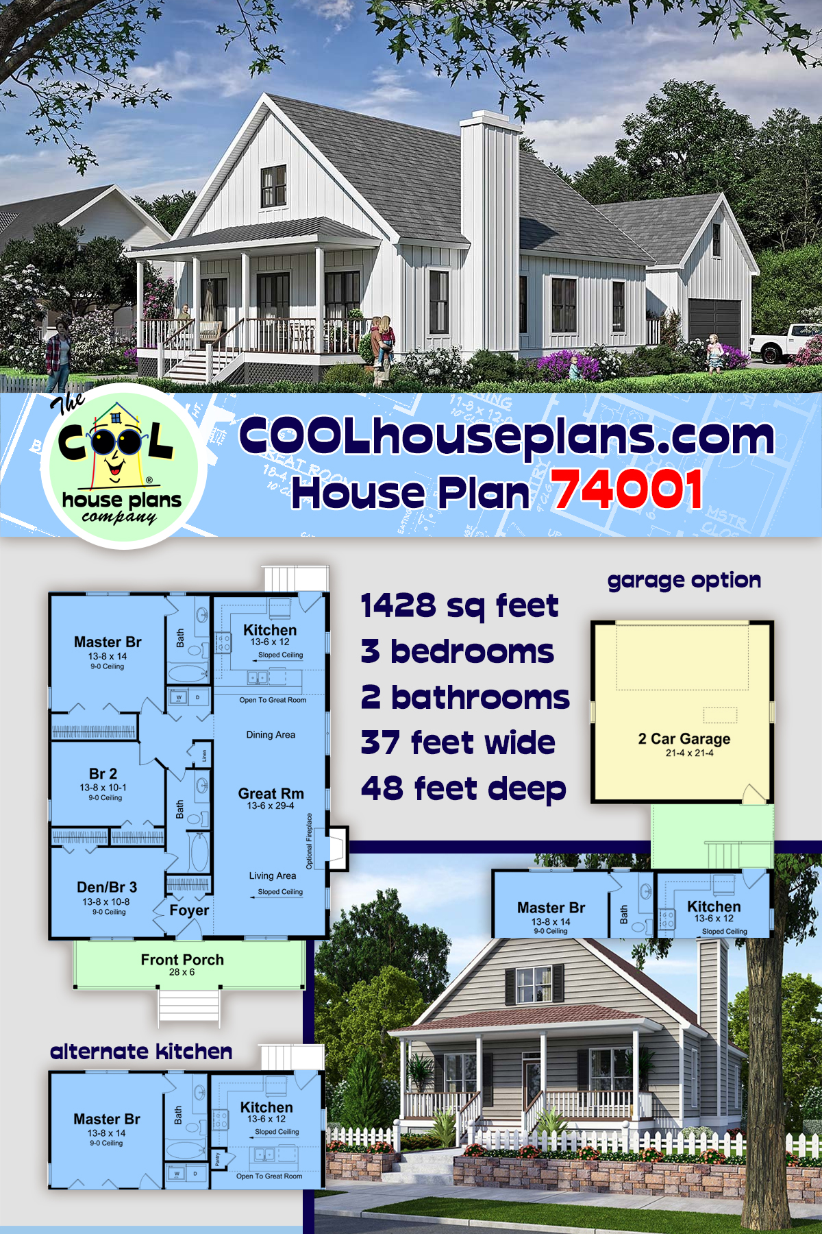 Cottage, Country, Farmhouse House Plan 74001 with 3 Beds, 2 Baths, 2 Car Garage