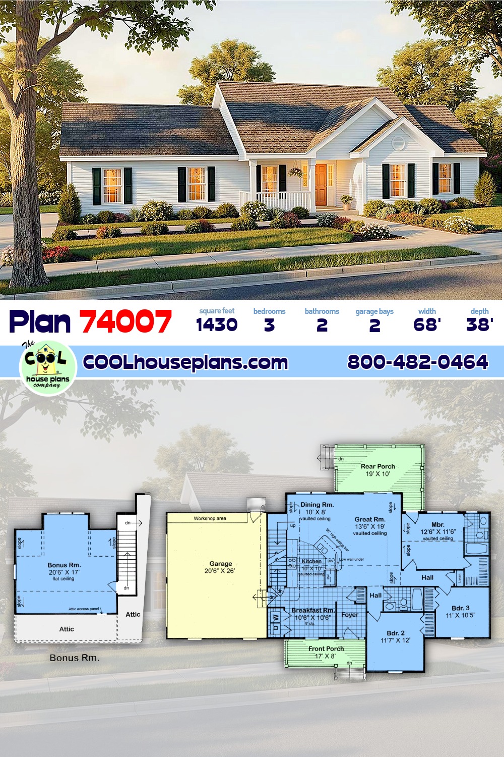 Ranch, Traditional House Plan 74007 with 3 Beds, 2 Baths, 2 Car Garage