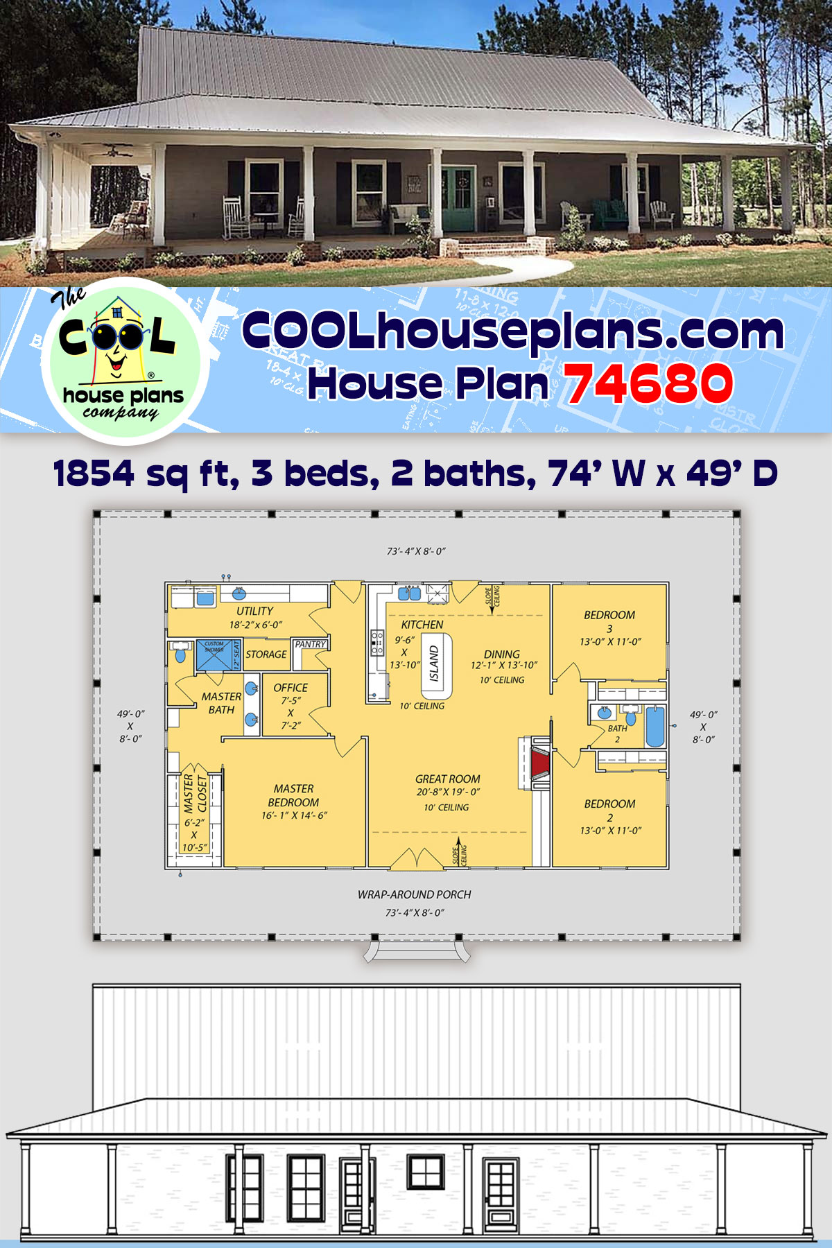 Country, Farmhouse, Traditional House Plan 74680 with 3 Beds, 2 Baths