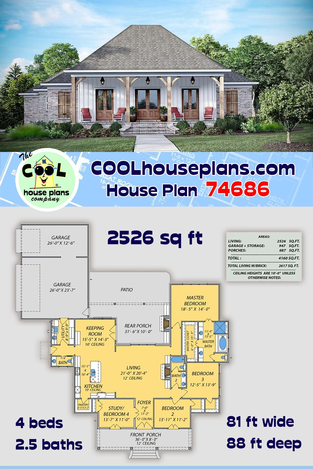 Country, Farmhouse, Traditional House Plan 74686 with 4 Beds, 3 Baths, 3 Car Garage