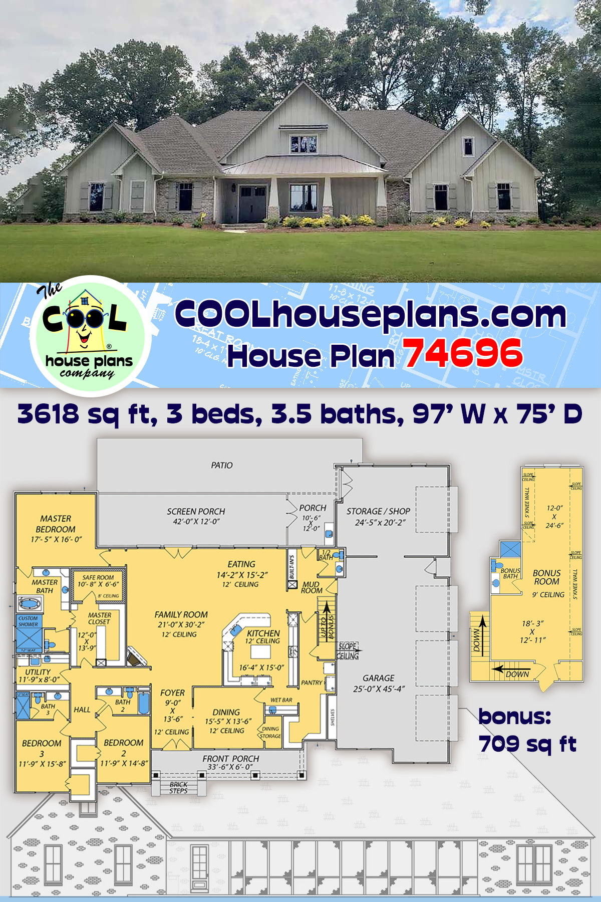 Contemporary, Craftsman, Traditional House Plan 74696 with 3 Beds, 4 Baths, 4 Car Garage