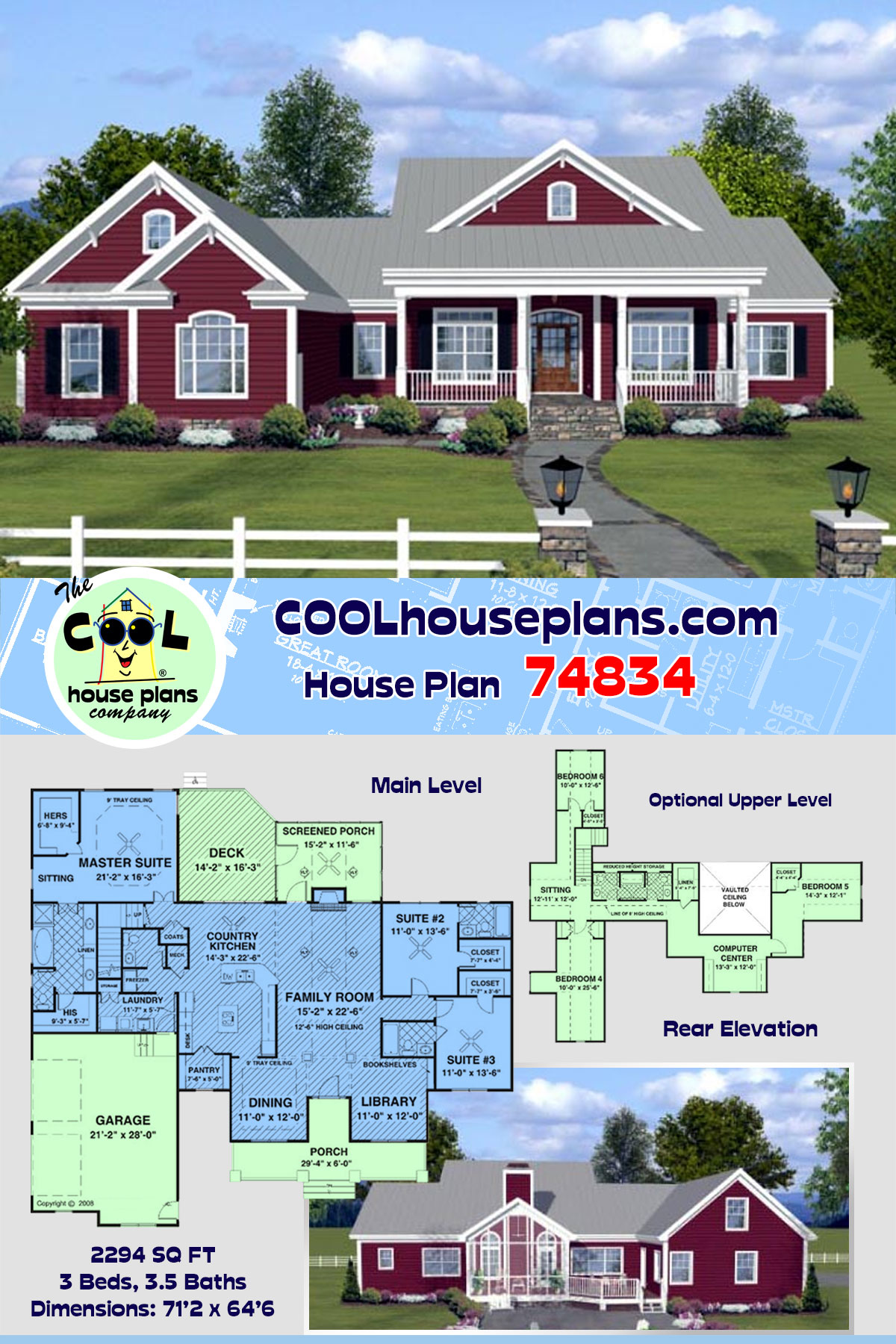 Country, Farmhouse, Ranch House Plan 74834 with 3 Beds, 4 Baths, 2 Car Garage