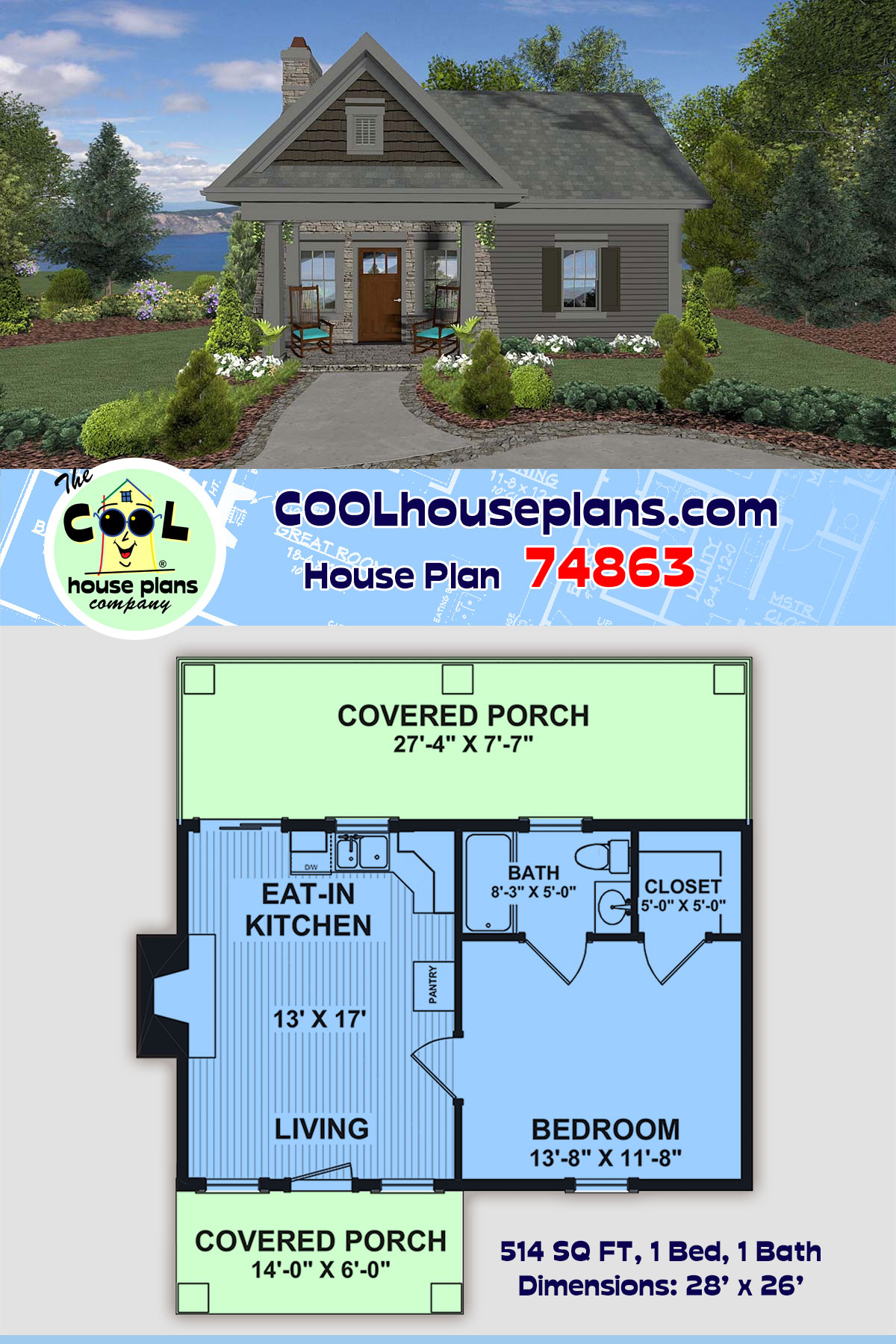 Cottage, Craftsman, Tuscan House Plan 74863 with 1 Beds, 1 Baths