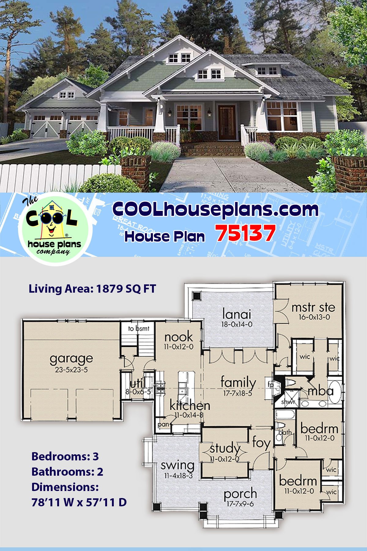 Bungalow, Cottage, Craftsman House Plan 75137 with 3 Beds, 2 Baths, 2 Car Garage