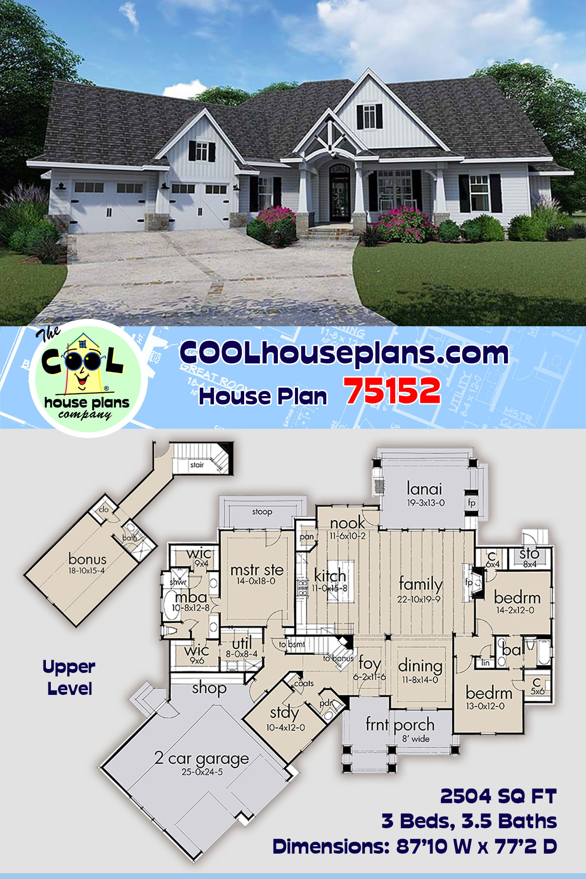 Cottage, Country, Farmhouse, Southern, Traditional House Plan 75152 with 3 Beds, 4 Baths, 2 Car Garage
