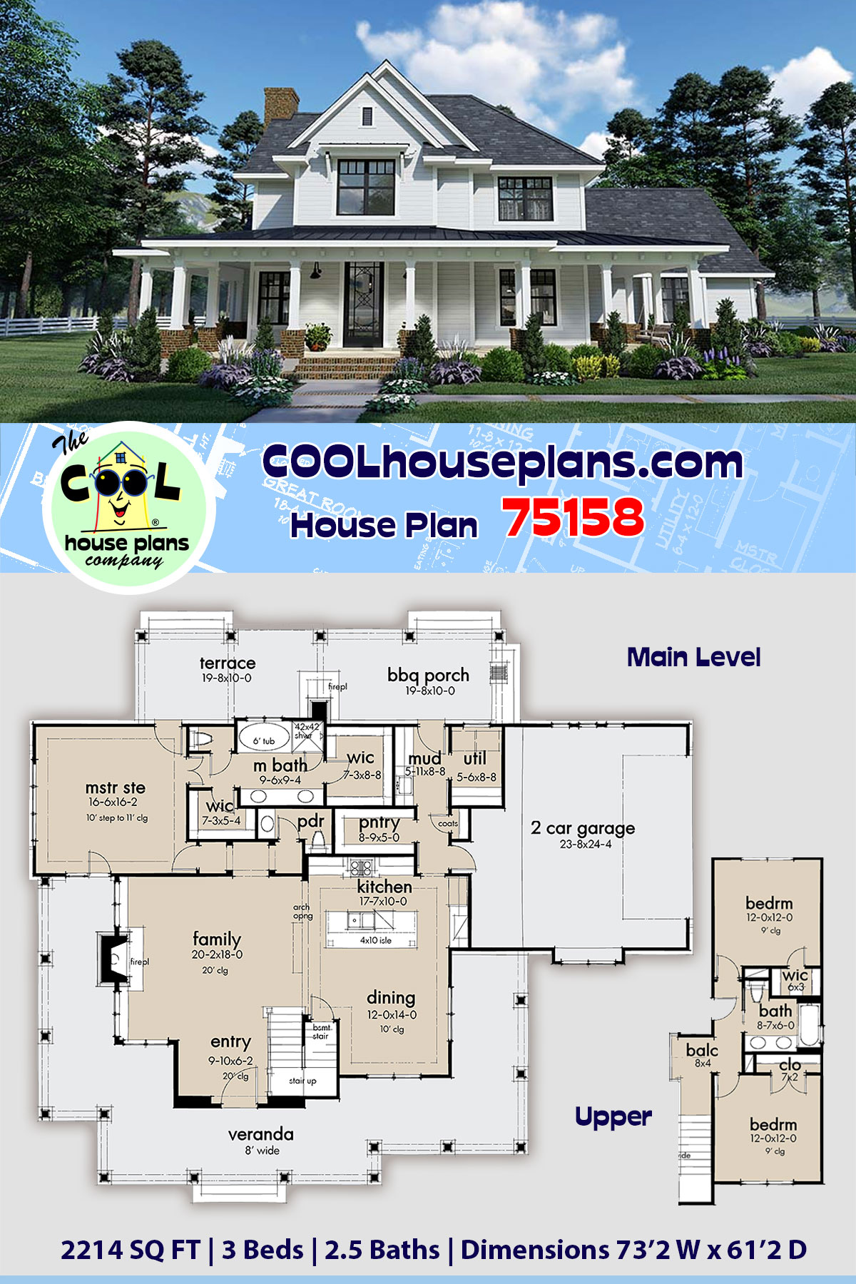 Country, Farmhouse, Southern House Plan 75158 with 3 Beds, 3 Baths, 2 Car Garage