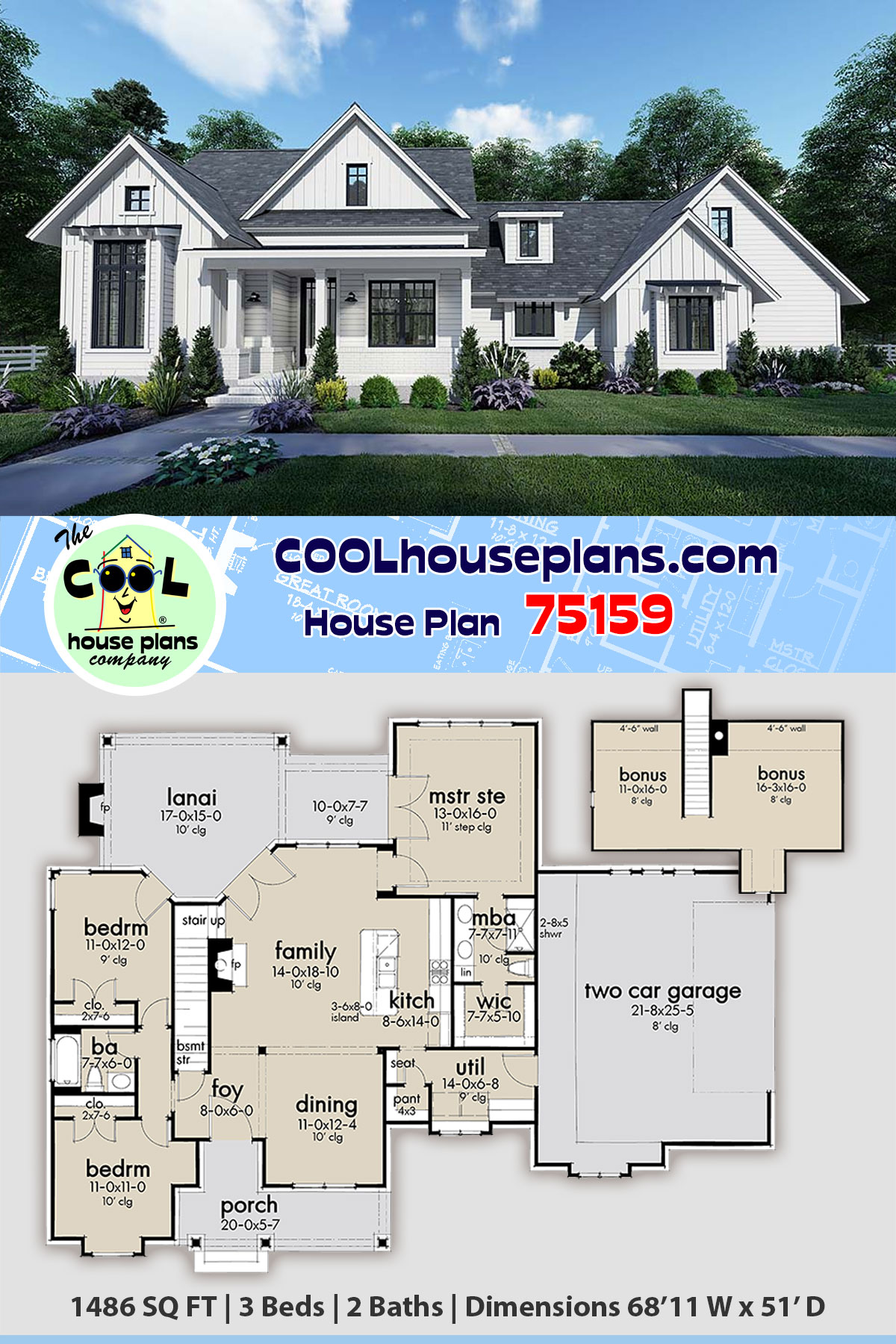 Country, Craftsman, Farmhouse, Southern House Plan 75159 with 3 Beds, 2 Baths, 2 Car Garage