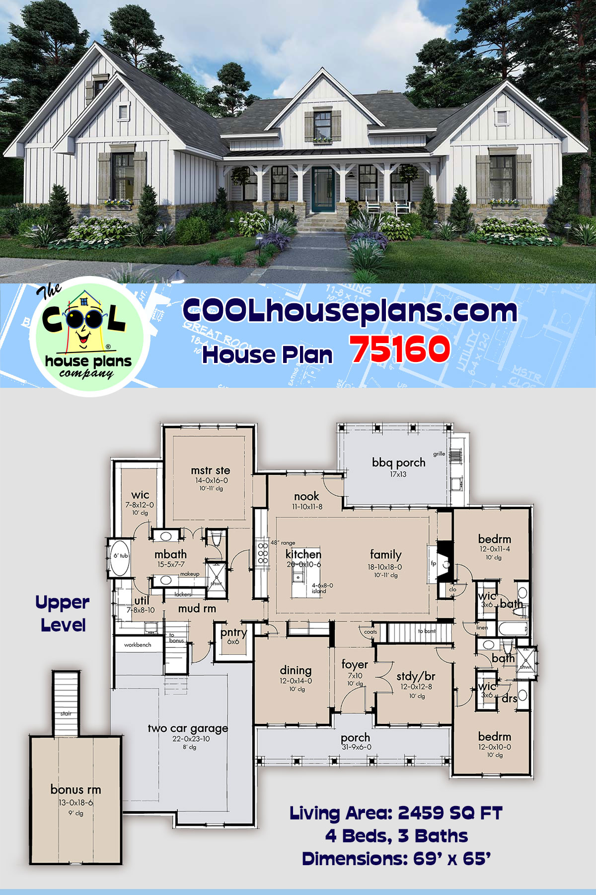 Cottage, Farmhouse, Southern House Plan 75160 with 4 Beds, 3 Baths, 2 Car Garage