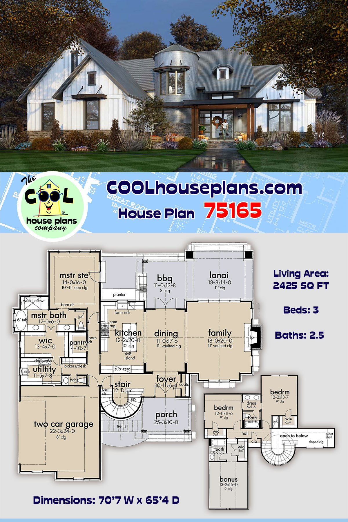 Barndominium, Country, Farmhouse House Plan 75165 with 3 Beds, 3 Baths, 2 Car Garage