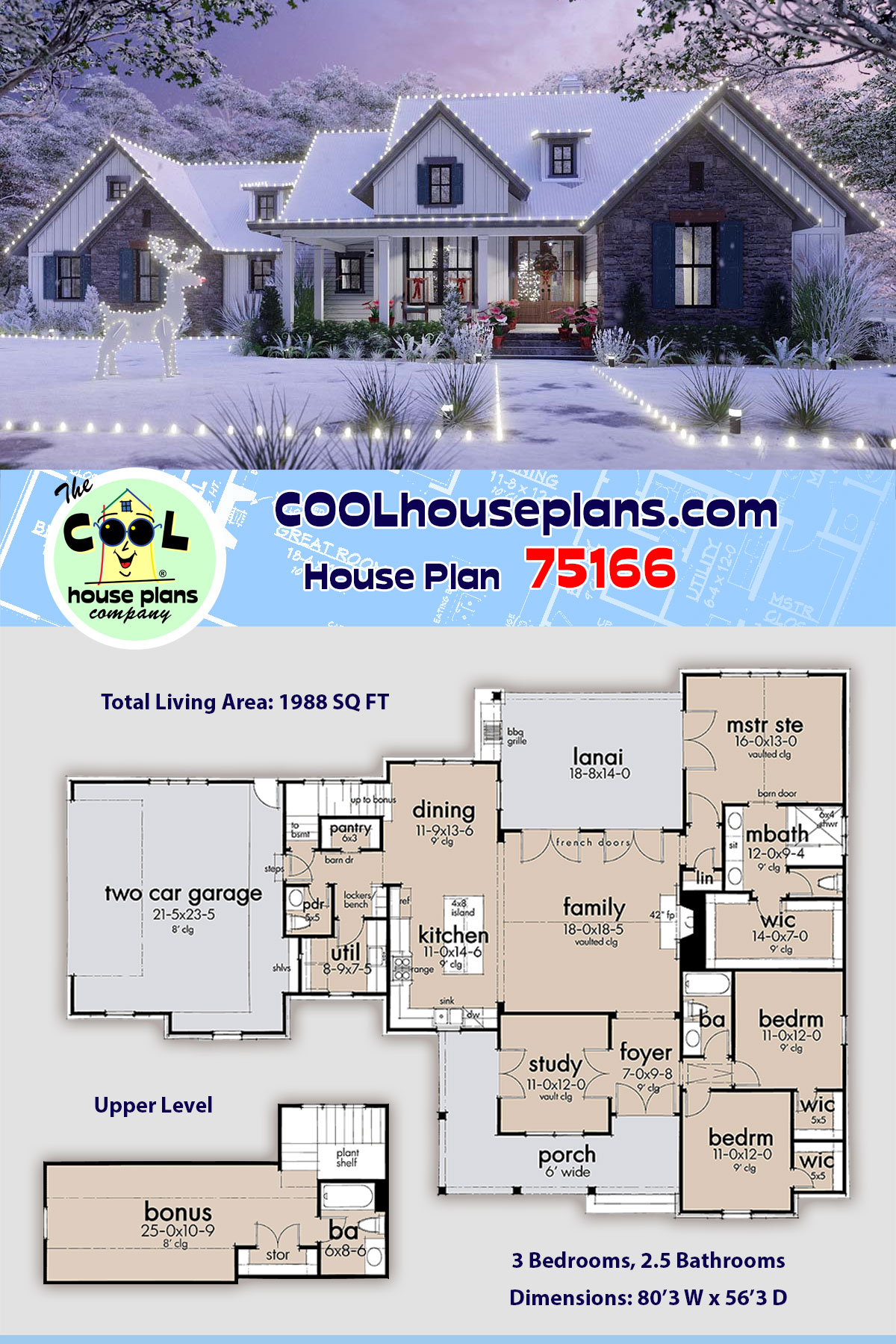 Cottage, Farmhouse, Southern, Traditional House Plan 75166 with 3 Beds, 3 Baths, 2 Car Garage