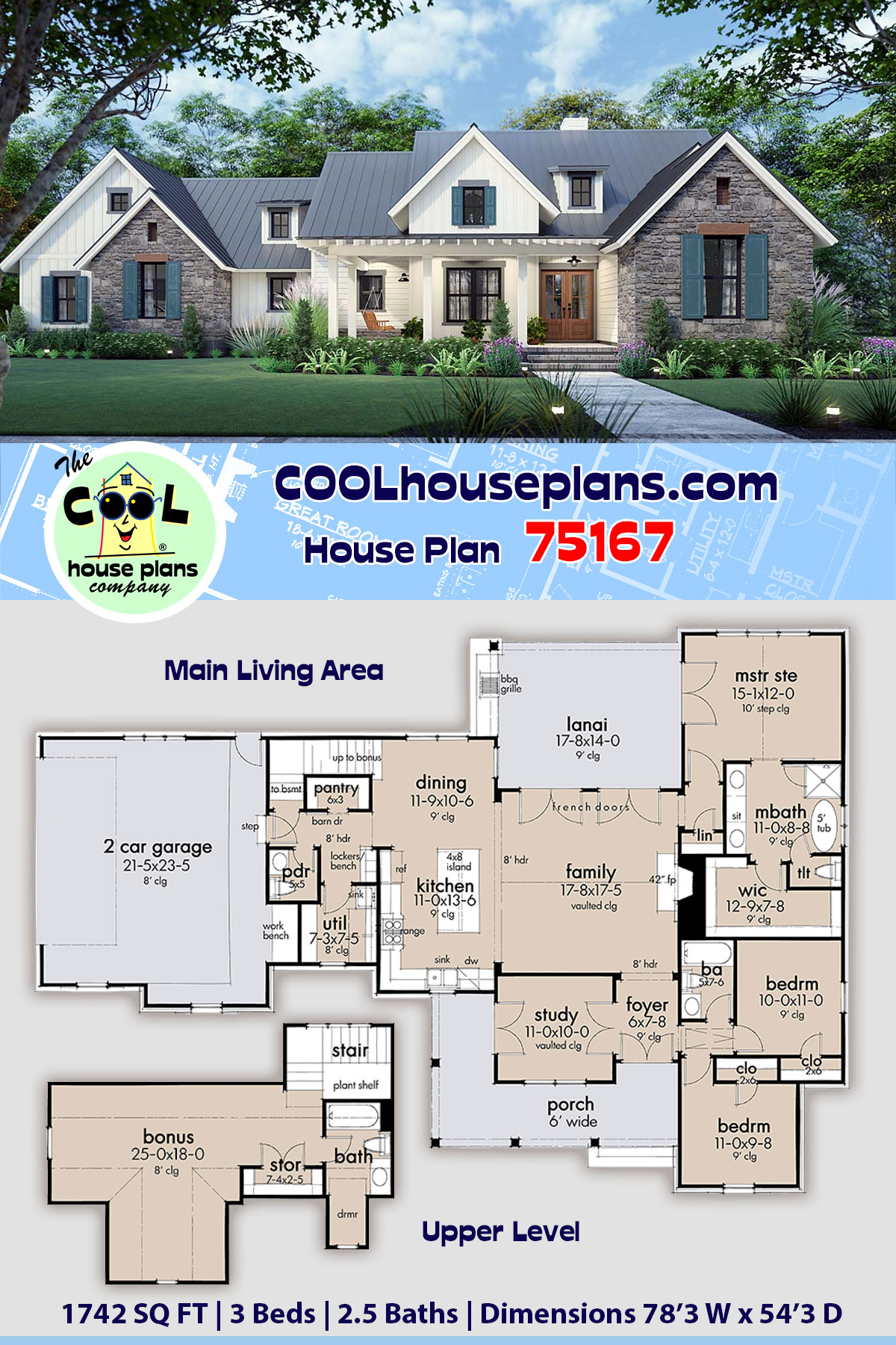 Cottage, Country, Farmhouse, Southern House Plan 75167 with 3 Beds, 3 Baths, 2 Car Garage