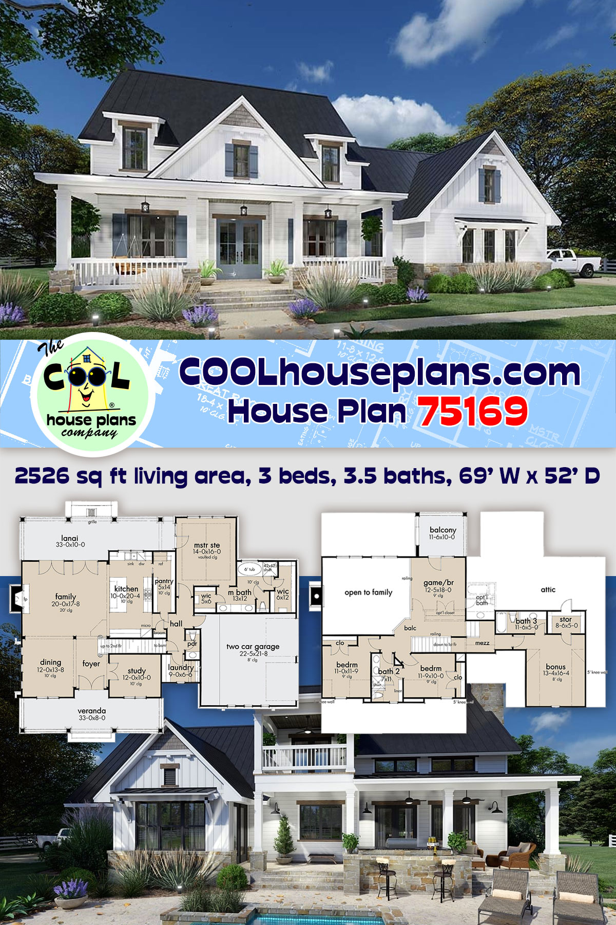 Colonial, Cottage, Farmhouse House Plan 75169 with 3 Beds, 4 Baths, 2 Car Garage