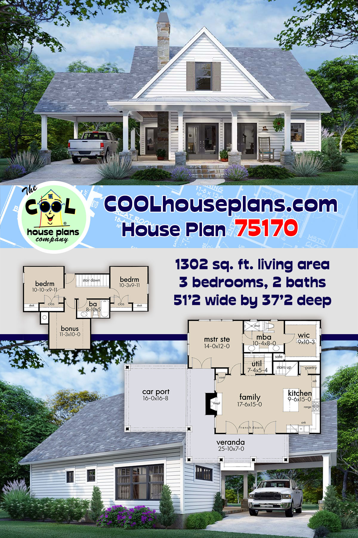Cottage, Farmhouse House Plan 75170 with 3 Beds, 2 Baths
