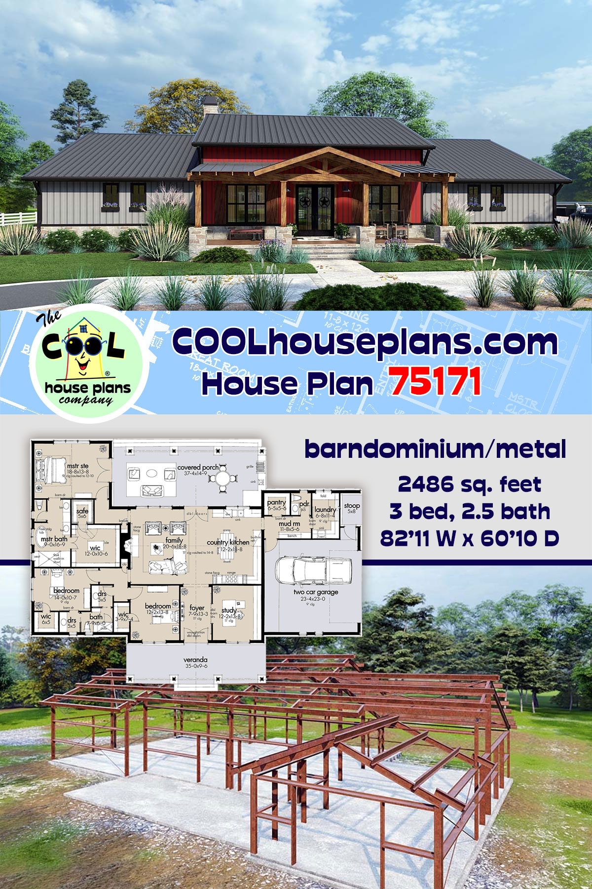 Barndominium, Country, Farmhouse, Ranch House Plan 75171 with 3 Beds, 3 Baths, 2 Car Garage
