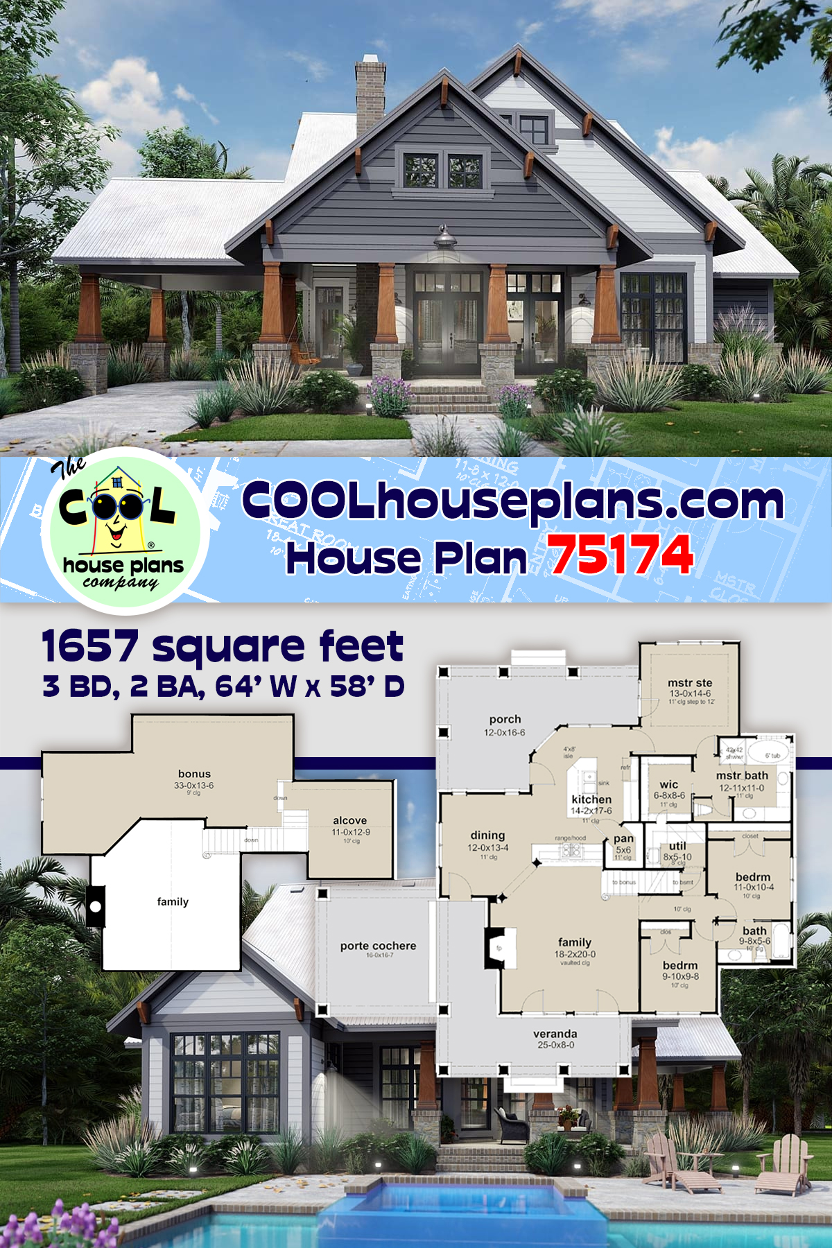 Cottage, Craftsman, Farmhouse House Plan 75174 with 3 Beds, 2 Baths, 2 Car Garage
