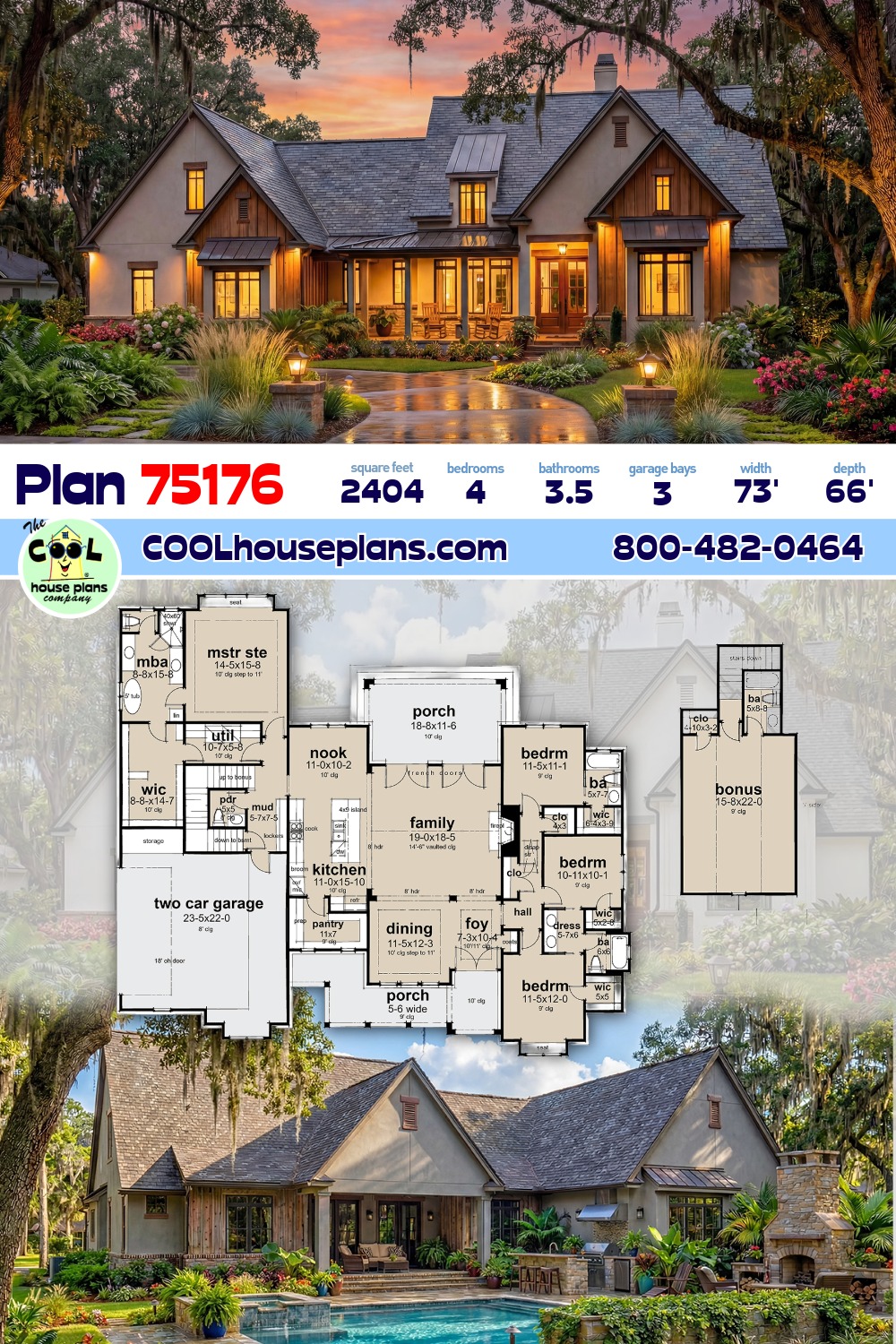 Farmhouse, Ranch, Southern House Plan 75176 with 4 Beds, 4 Baths, 3 Car Garage