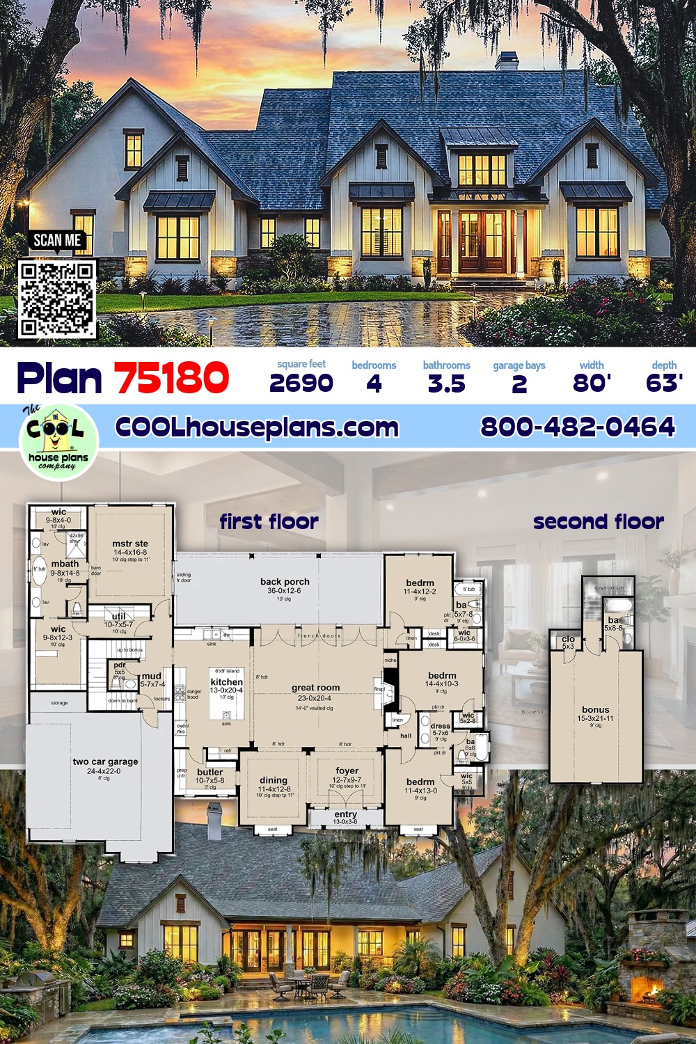Cottage, Farmhouse, Ranch House Plan 75180 with 4 Beds, 4 Baths, 2 Car Garage
