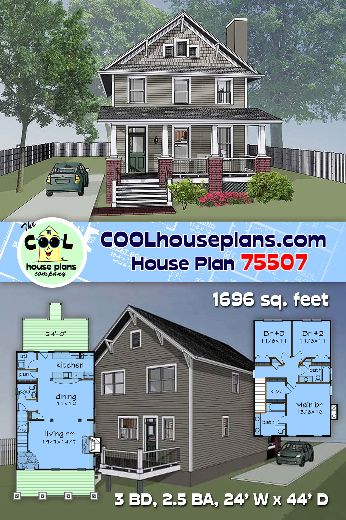 Bungalow, Craftsman, Narrow Lot, Traditional House Plan 75507 with 3 Beds, 3 Baths