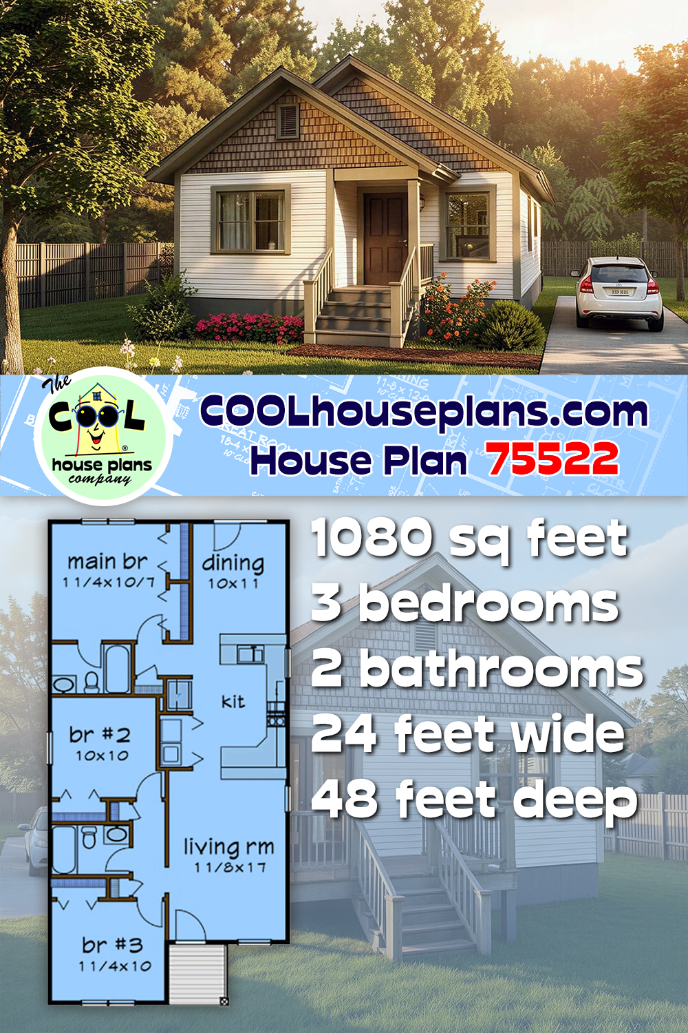 Bungalow House Plan 75522 with 3 Beds, 2 Baths