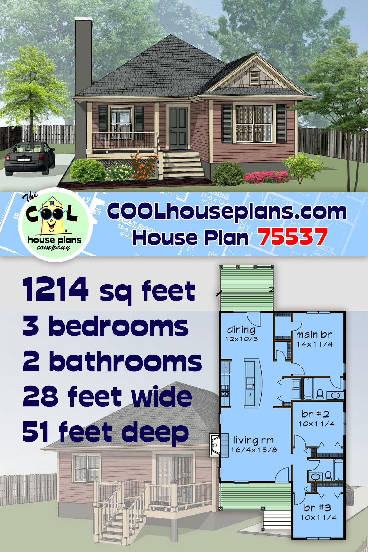 Narrow Lot, Traditional House Plan 75537 with 3 Beds, 2 Baths