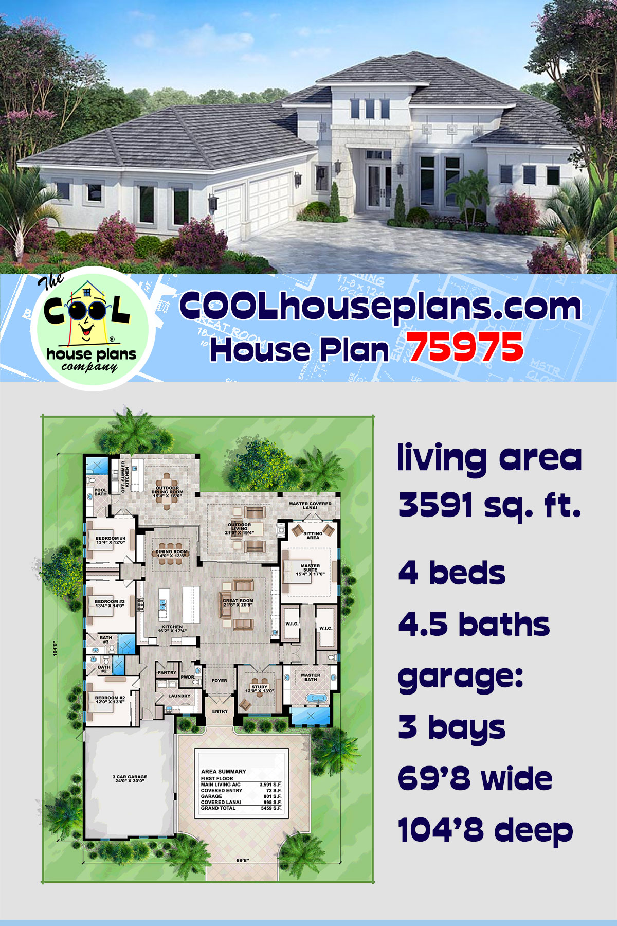 Florida, Mediterranean House Plan 75975 with 4 Beds, 5 Baths, 3 Car Garage