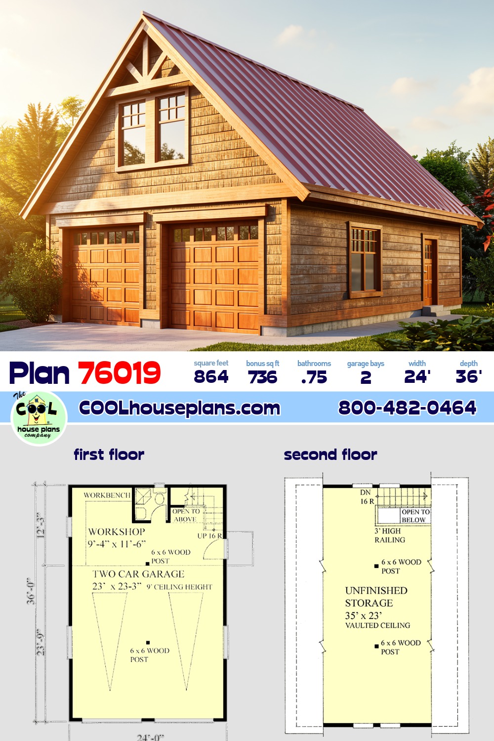 Cottage, Craftsman 2 Car Garage Plan 76019