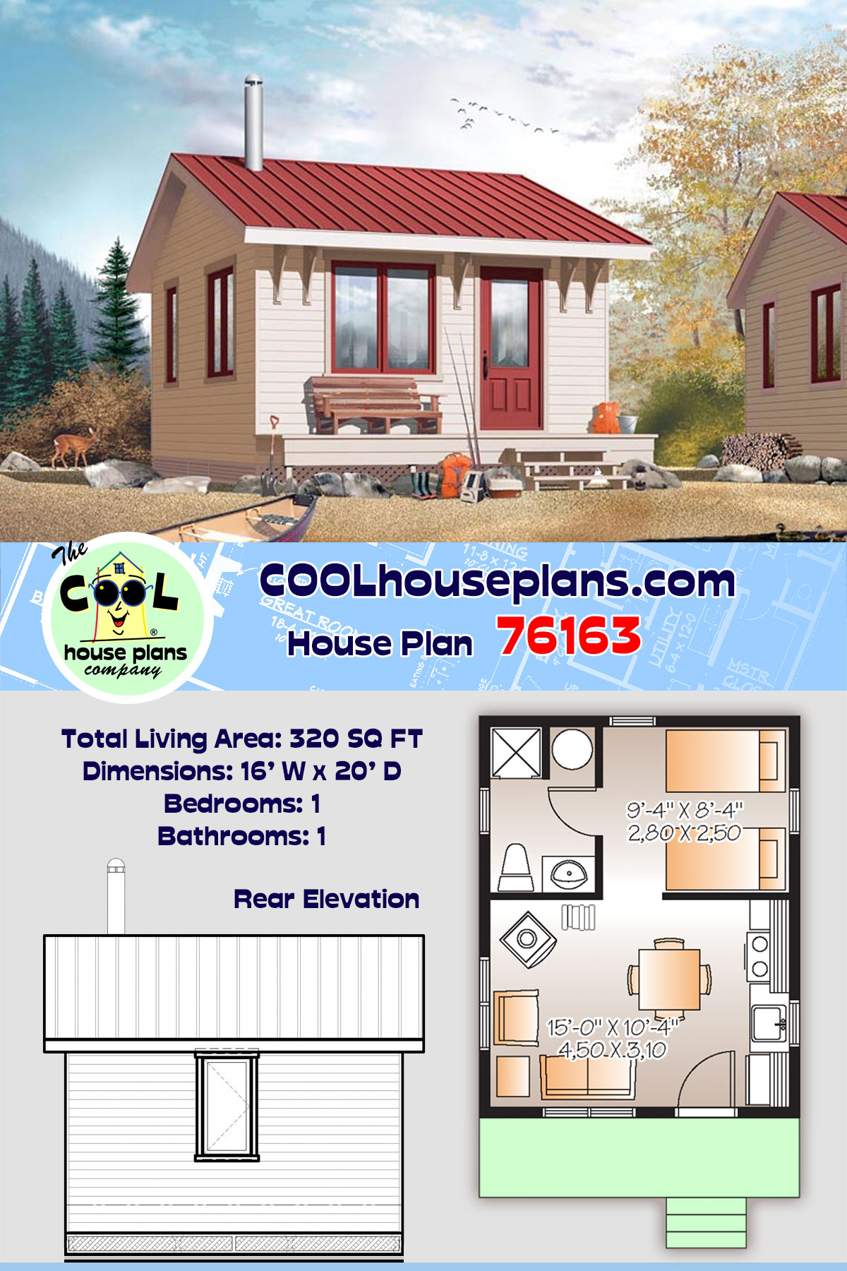 Cabin House Plan 76163 with 1 Beds, 1 Baths