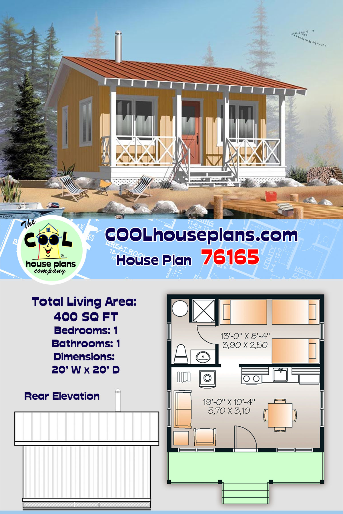 Cabin House Plan 76165 with 1 Beds, 1 Baths