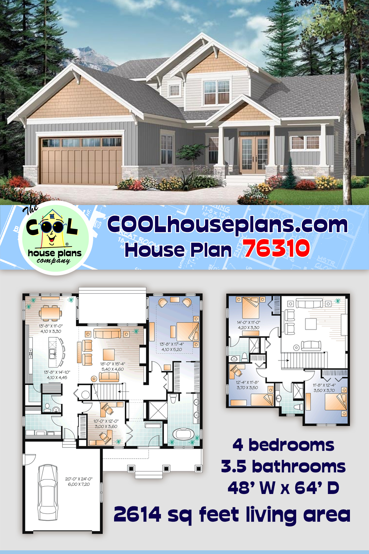 Craftsman House Plan 76310 with 4 Beds, 4 Baths, 2 Car Garage