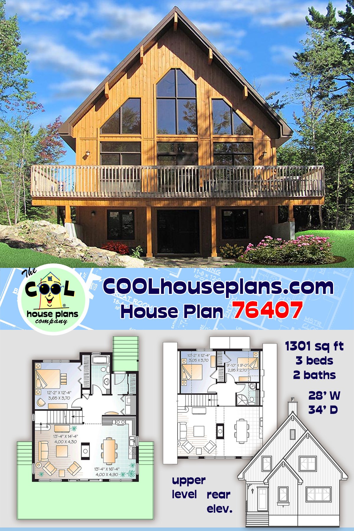 Cabin, Contemporary House Plan 76407 with 3 Beds, 2 Baths