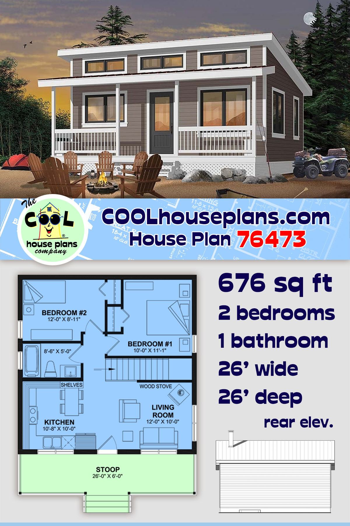 Cabin, Contemporary, Cottage, Country House Plan 76473 with 2 Beds, 1 Baths