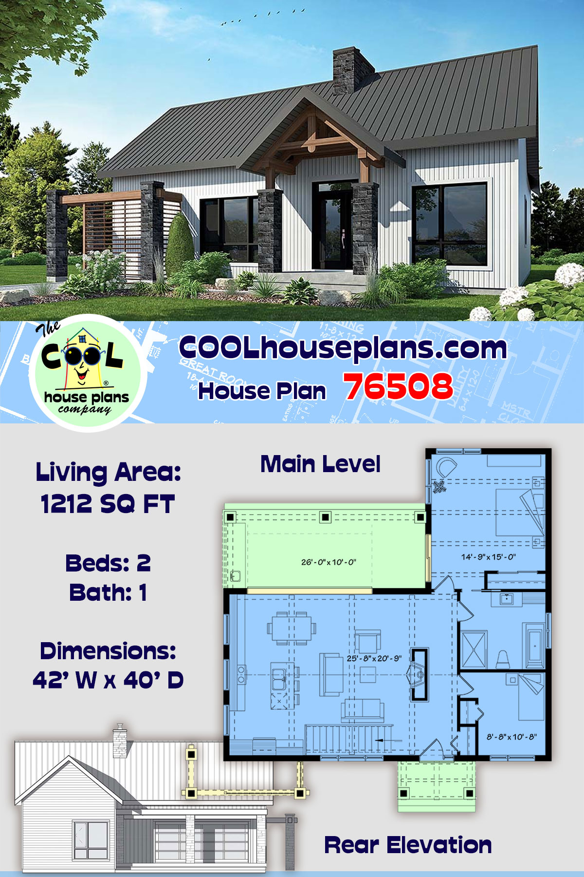 Cape Cod, Contemporary, Cottage, Country, Craftsman, Modern House Plan 76508 with 2 Beds, 1 Baths
