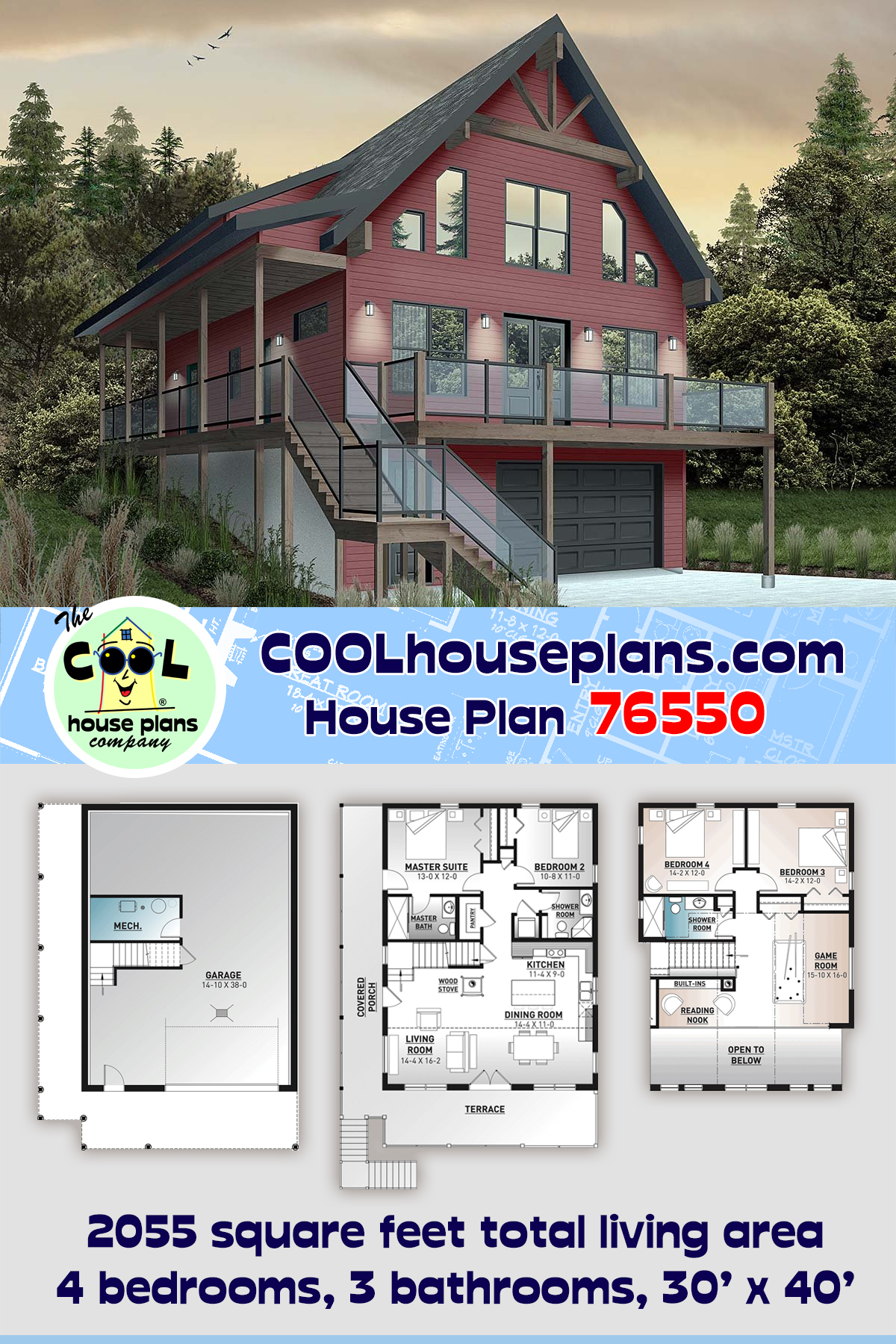 Cabin, Coastal, Country, Traditional House Plan 76550 with 4 Beds, 3 Baths, 1 Car Garage