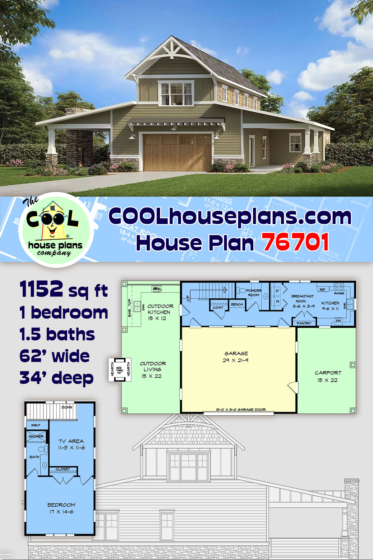 Barndominium, Country, Craftsman Garage-Living Plan 76701 with 1 Beds, 2 Baths, 2 Car Garage