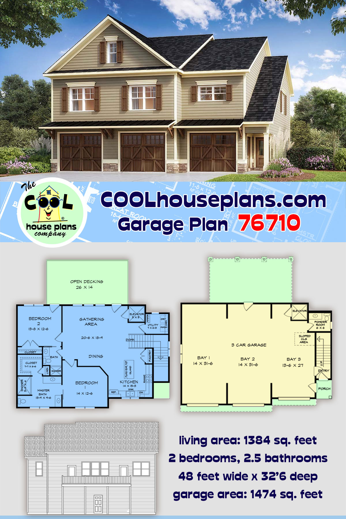 Traditional Garage-Living Plan 76710 with 2 Beds, 3 Baths, 3 Car Garage