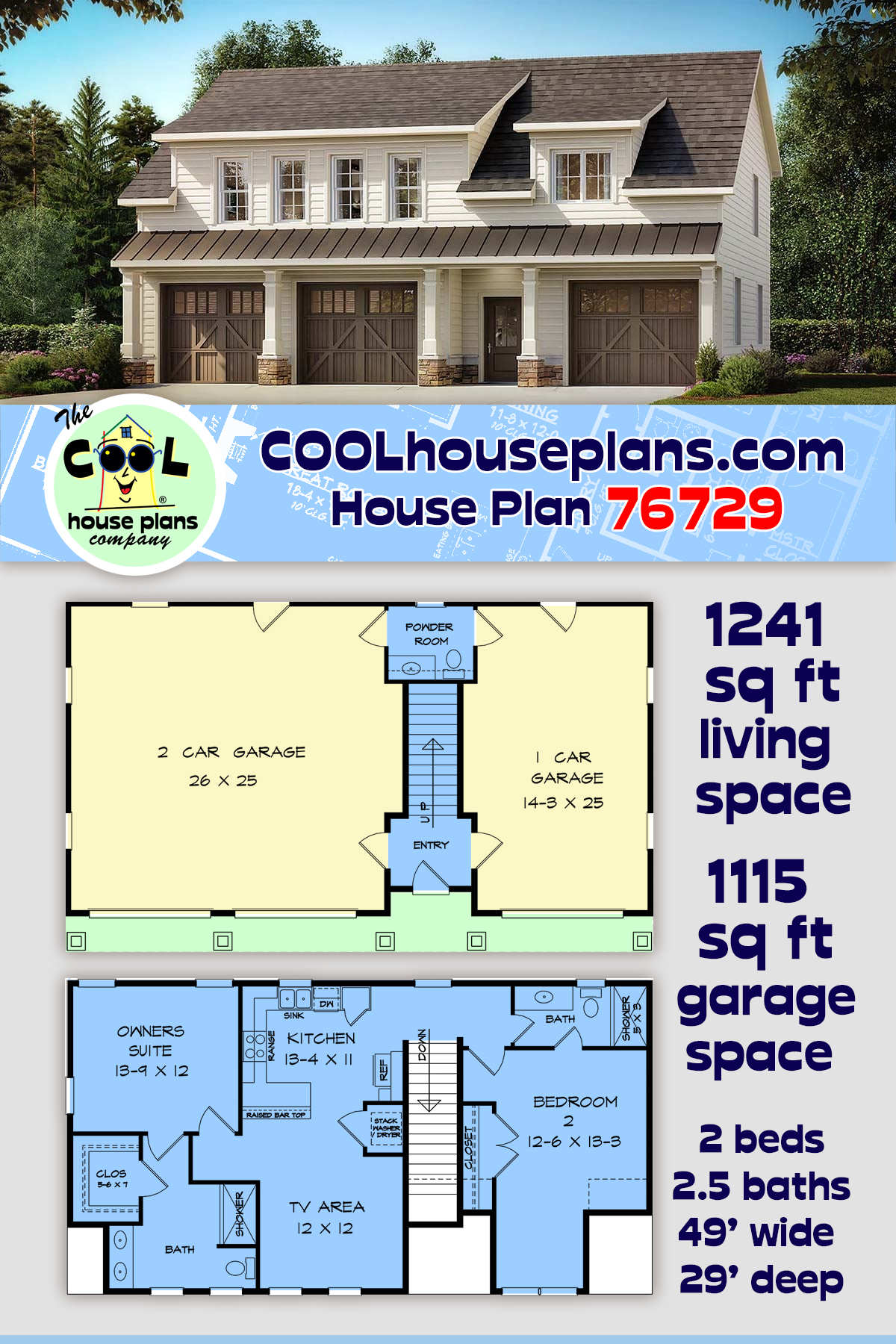 Country, Farmhouse, Traditional Garage-Living Plan 76729 with 2 Beds, 3 Baths, 3 Car Garage
