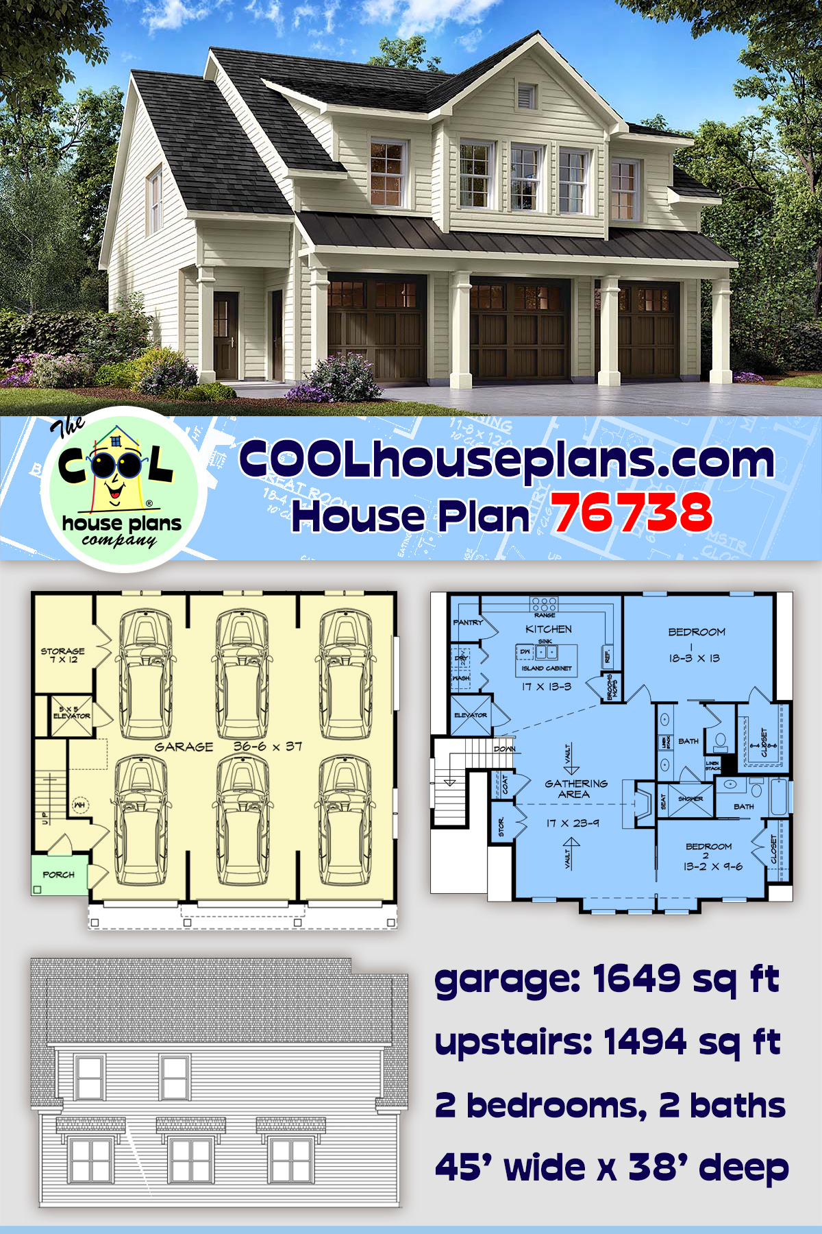 Traditional Garage-Living Plan 76738 with 2 Beds, 2 Baths, 6 Car Garage