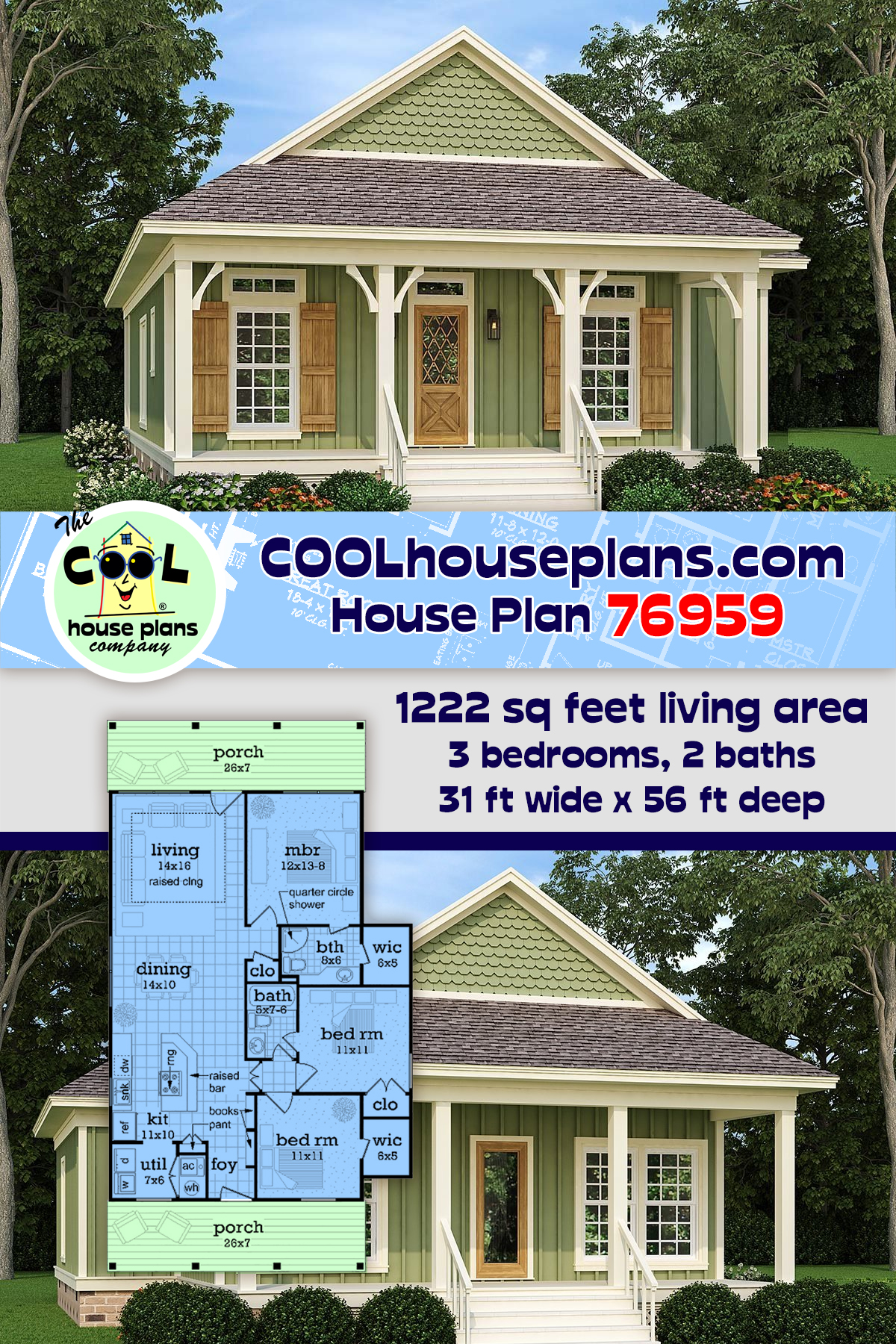 Colonial, Cottage, Country, European, Southern House Plan 76959 with 3 Beds, 2 Baths