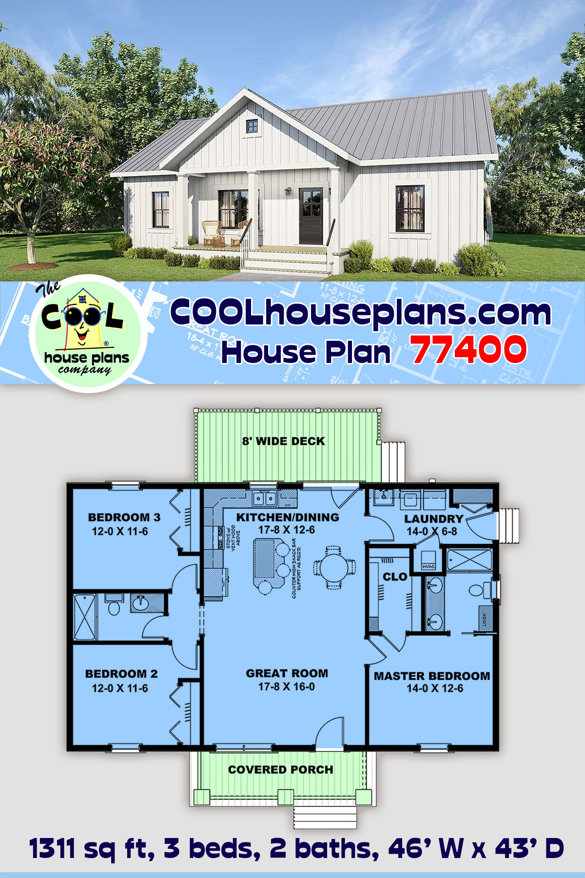 Cottage, Country, Ranch House Plan 77400 with 3 Beds, 2 Baths