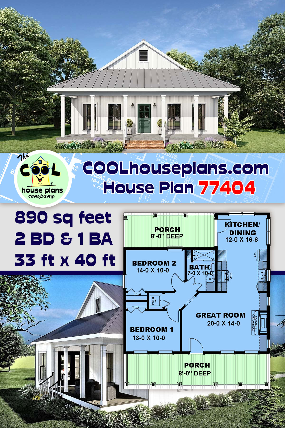 Country, Southern House Plan 77404 with 2 Beds, 1 Baths