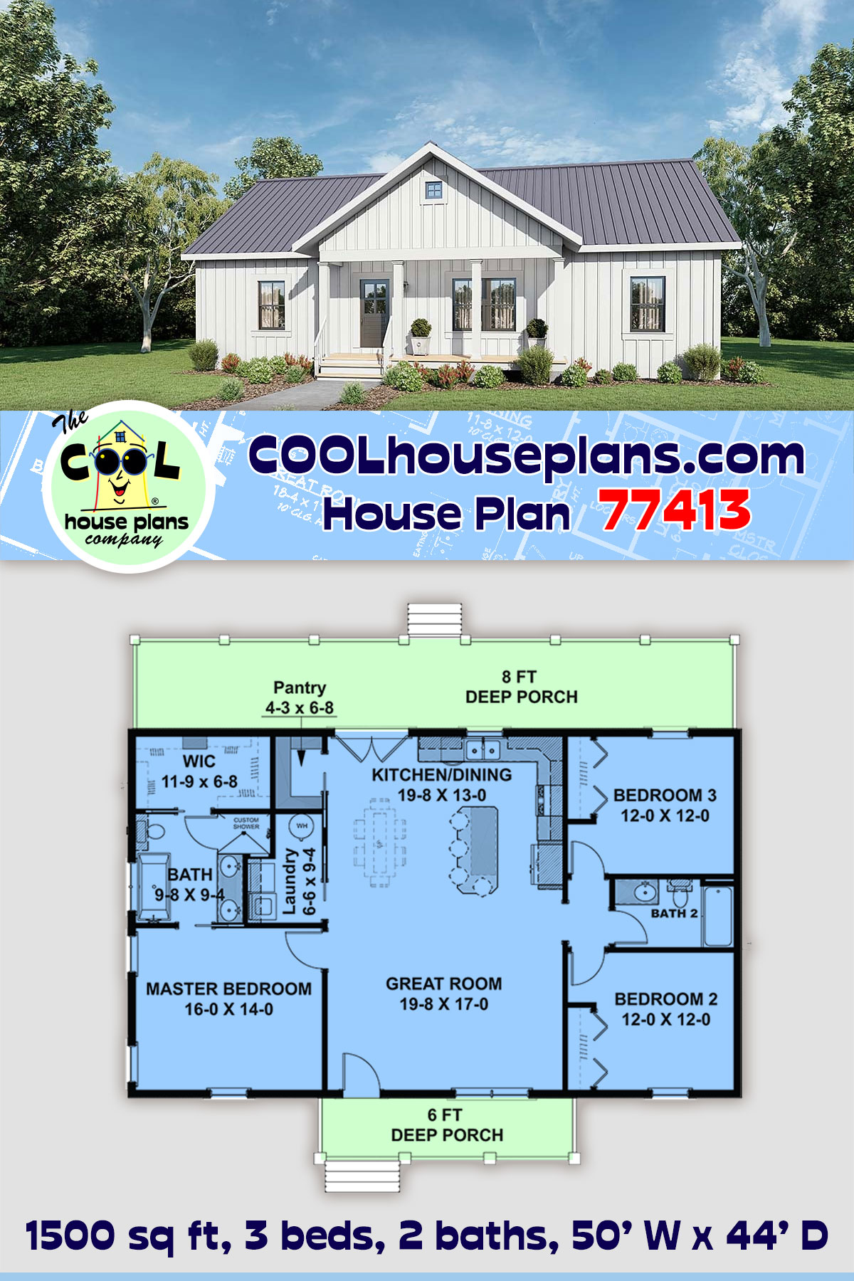 Cottage, Country, Traditional House Plan 77413 with 3 Beds, 2 Baths