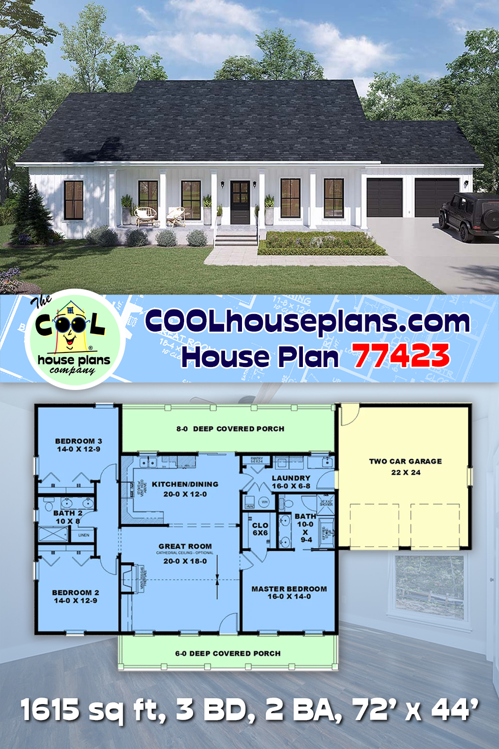 Country, Ranch House Plan 77423 with 3 Beds, 2 Baths, 2 Car Garage