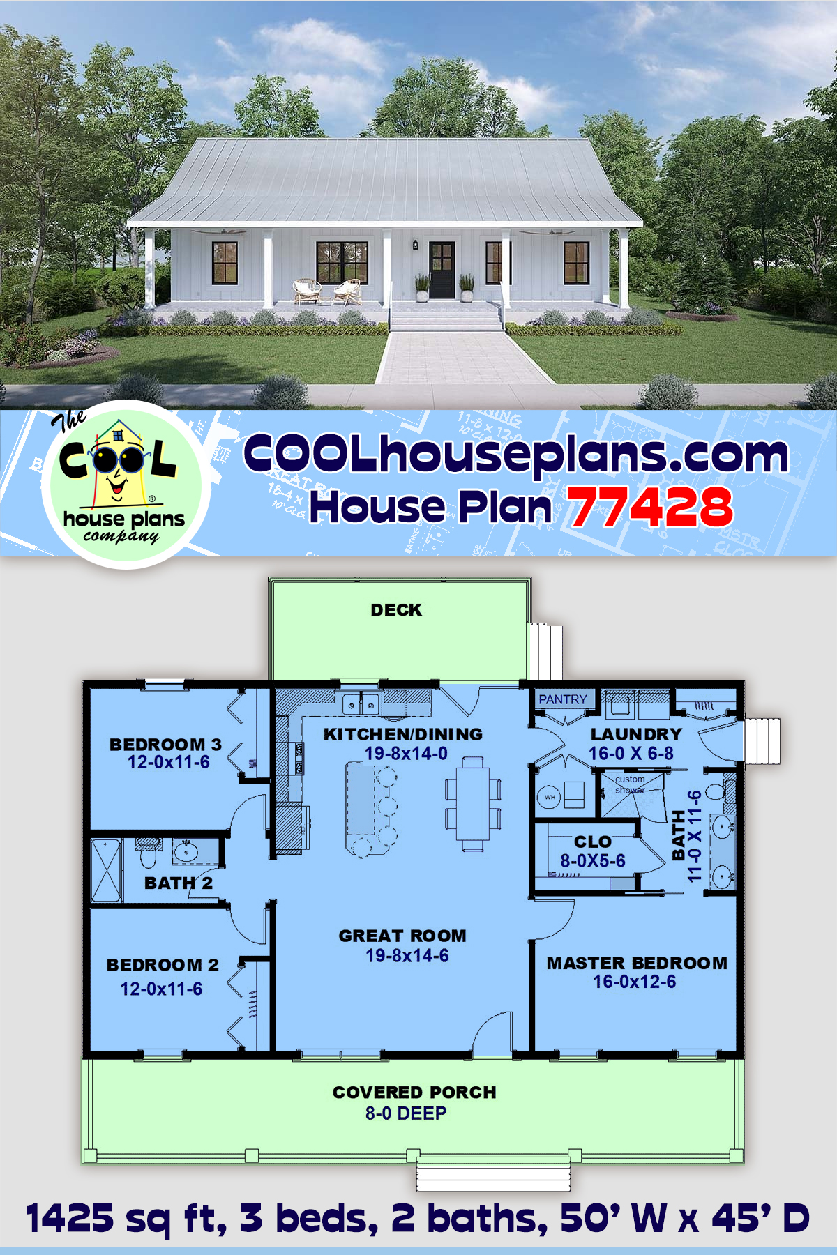 Country, Ranch, Southern House Plan 77428 with 3 Beds, 2 Baths